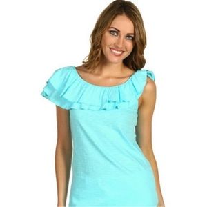 Lilly Pulitzer Wynne 100% Pima Cotton Off Shoulder Ruffle Top Blue Small
